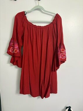Red Embroidered Off-Shoulder Dress by LUX II stitching bell sleeves size 8
